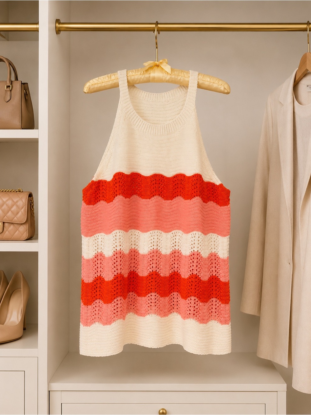 Sleeveless Knit Tank with Coral, Pink & Off White Stripes